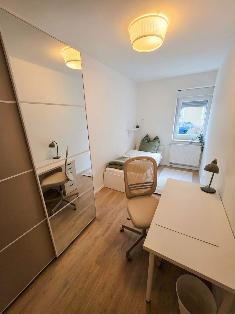 Möbliertes Zimmer mit Schrank und Schreibtisch